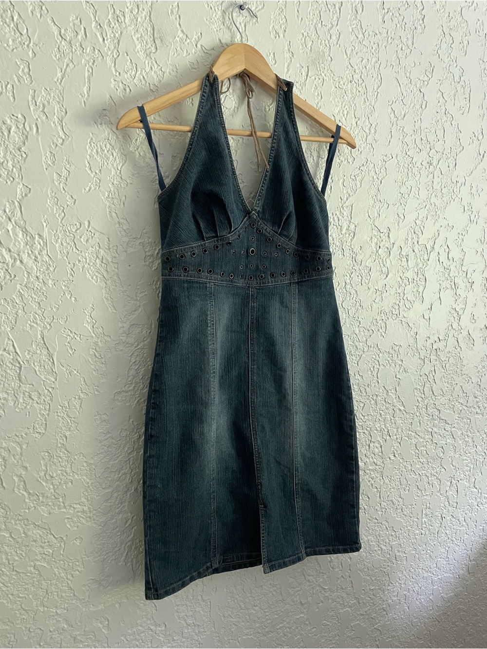 Z.Caravicci RARE Vintage Y2K Denim Halter Leather Tie Dress - Picture 2 of 6
